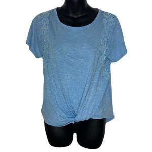 Rewind Sky Blue Short Sleeve Front Knot Lace Detail Tee